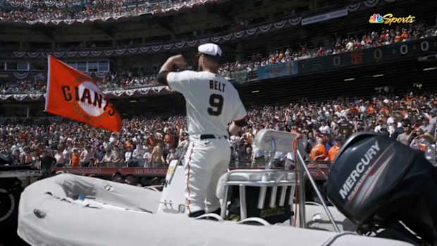 First baseman Brandon Belt arrives to Oracle Park in a boat prior Giants’ season opener against the Marlins