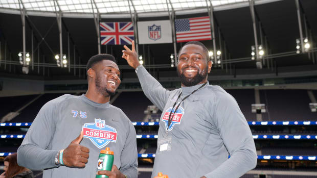 Oct 12, 2021; London, United Kingdom; Haggai Chisom Ndubuisi of Nigeria (75) and Mbaeteka Chigbo Roy of Nigeria (76) pose during the NFL International Combine at Tottenham Hotspur Stadium.