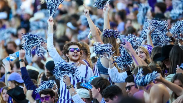 Nov 6, 2021; Fort Worth, Texas, USA; TCU Horned Frogs fans cheer during the second half against the Baylor Bears at Amon G. Carter Stadium.