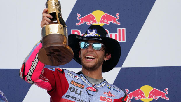 Enea Bastianini celebrates after Sunday's MotoGP win at Circuit of the Americas in Austin, Texas. He's the first two-time winner this season. Photo: Chuck Burton / USA Today Sports.