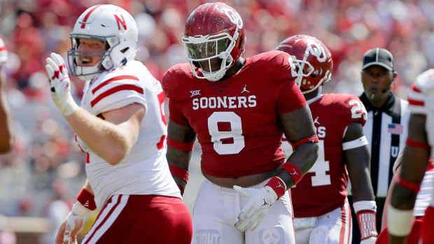 Oklahoma's Perrion Winfrey (8) is one of the Sooners' top defensive linemen this season.