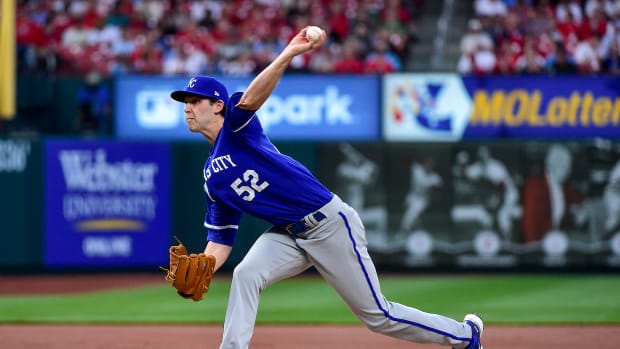 Apr 12, 2022; St. Louis, Missouri, USA; Kansas City Royals starting pitcher Daniel Lynch (52) pitches against the St. Louis Cardinals during the first inning at Busch Stadium. Mandatory Credit: Jeff Curry-USA TODAY Sports