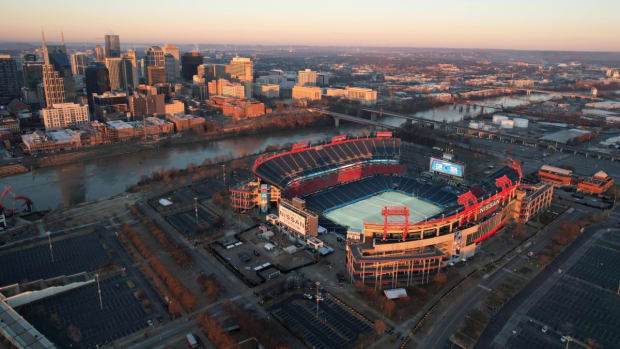 A general overall aerial view of Nissan Stadium and the downtown skyline.