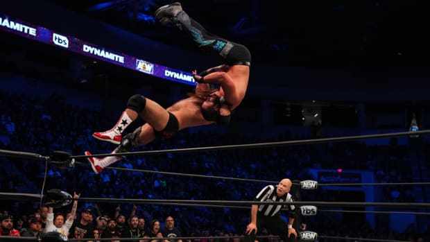 A suplex off the top rope during the Young Bucks-FTR match