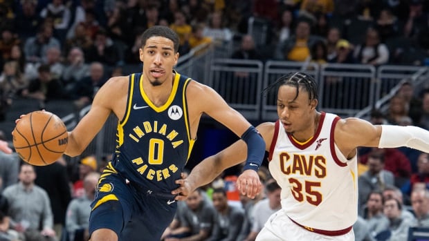 Indiana Pacers point guard Tyrese Haliburton drives past Cavaliers forward Isaac Okoro in Indianapolis earlier this season.