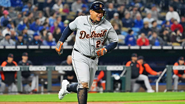 Apr 14, 2022; Kansas City, Missouri, USA; Detroit Tigers designated hitter Miguel Cabrera (24) runs to first base after a single during the fourth inning against the Kansas City Royals at Kauffman Stadium.