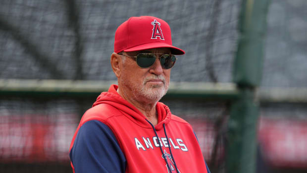 Apr 11, 2022; Anaheim, California, USA; Los Angeles Angels manager Joe Maddon looks on before the game against the Miami Marlins at Angel Stadium.