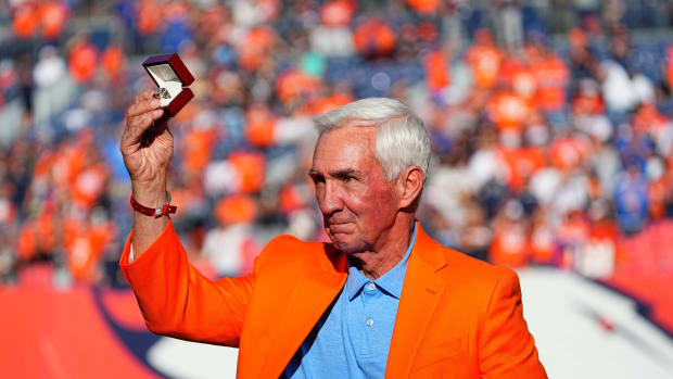 Former Denver Broncos head coach and Ring of Fame induction of Mike Shanahan during the game against the Las Vegas Raiders at Empower Field at Mile High.