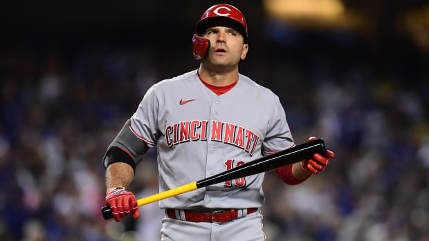 Joey Votto reacts after an at-bat.