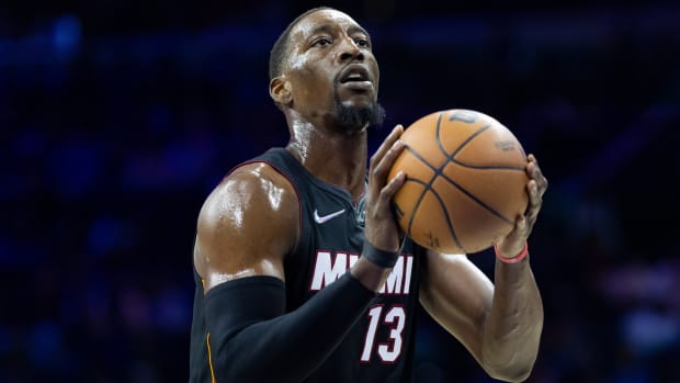 Heat center Bam Adebayo (13) shoots a free throw.
