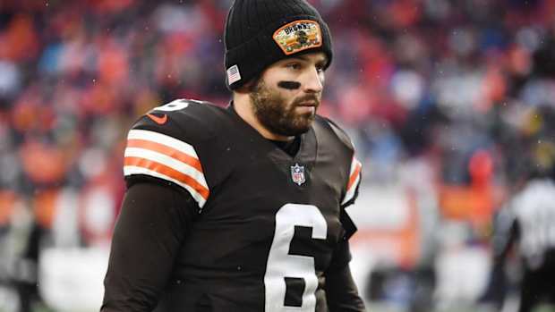 Nov 21, 2021; Cleveland, Ohio, USA; Cleveland Browns quarterback Baker Mayfield (6) walks off the field after the Browns beat the Detroit Lions at FirstEnergy Stadium. Mandatory Credit: Ken Blaze-USA TODAY Sports