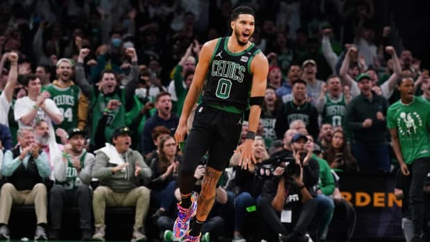 Apr 17, 2022; Boston, Massachusetts, USA; Boston Celtics forward Jayson Tatum (0) reacts after a play against the Brooklyn Nets in the first quarter during game one of the first round for the 2022 NBA playoffs at TD Garden. Mandatory Credit: David Butler II-USA TODAY Sports