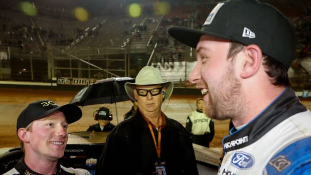 Tyler Reddick, left, shows what being a good sport and class act is after last-lap incident at Bristol with Chase Briscoe (photo courtesy Bristol Motor Speedway).