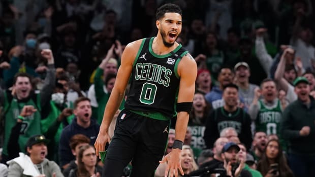 Boston Celtics forward Jayson Tatum (0) reacts after a play against the Brooklyn Nets in the first quarter during game one of the first round for the 2022 NBA playoffs.