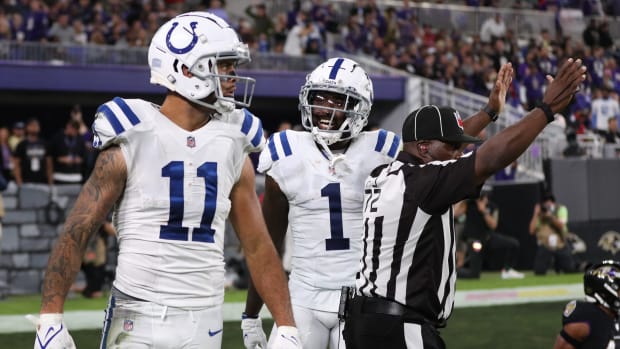 Indianapolis Colts wide receiver Parris Campbell (1) yells at teammate Michael Pittman (11) after a touchdown Monday, Oct. 11, 2021, during the second half of Colts against Baltimore at M&T Bank Stadium for Monday Night Football. 101121 Colts 028 Jw