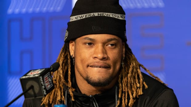 Mar 5, 2022; Indianapolis, IN, USA; Cincinnati defensive back Bryan Cook (DB48) talks to the media during the 2022 NFL Scouting Combine at Lucas Oil Stadium.