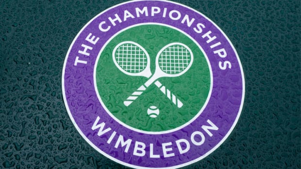 Detail of a wet Wimbledon logo at the All England Lawn Tennis Club