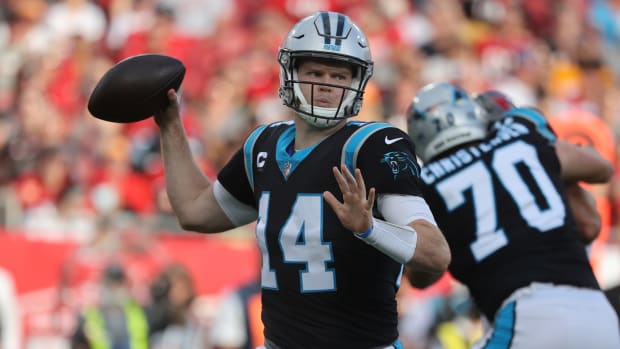 Panthers quarterback Sam Darnold attempts a pass during a game against the Buccaneers.