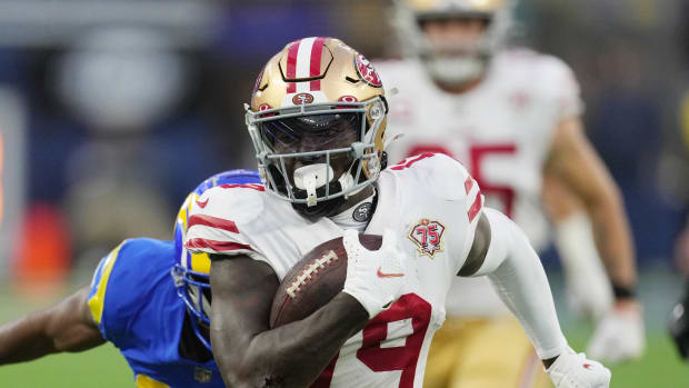 Jan 30, 2022; Inglewood, California, USA; San Francisco 49ers wide receiver Deebo Samuel (19) runs after a catch against the Los Angeles Rams in the first half during the NFC Championship Game at SoFi Stadium. Mandatory Credit: Kirby Lee-USA TODAY Sports