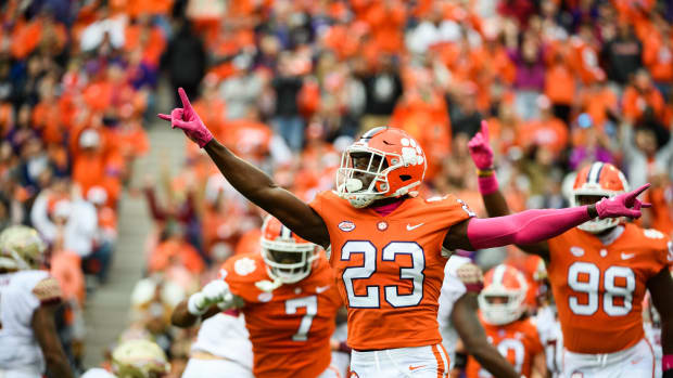 Clemson cornerback Andrew Booth Jr. (23) celebrates after a Florida State kick is blocked during their game at Memorial Stadium Saturday, Oct. 30, 2021. Jm Clemson 103021 006