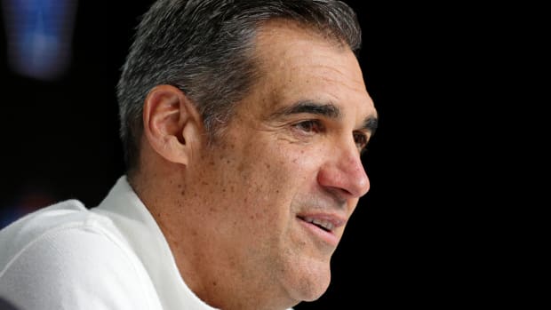 Villanova Wildcats head coach Jay Wright talks to media during a press conference before the 2022 NCAA men's basketball tournament Final Four semifinals at Caesars Superdome.