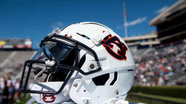 Auburn Tigers helmet on the sideline during the A-Day spring practice at Jordan-Hare Stadium in Auburn, Ala., on Saturday, April 9, 2022.