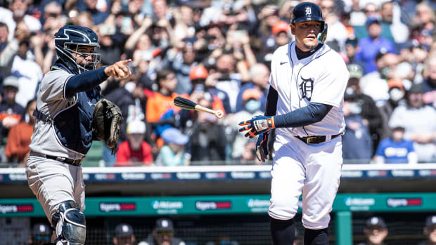 Tigers designated hitter Miguel Cabrera bats against the Yankees during the sixth inning at Comerica Park.
