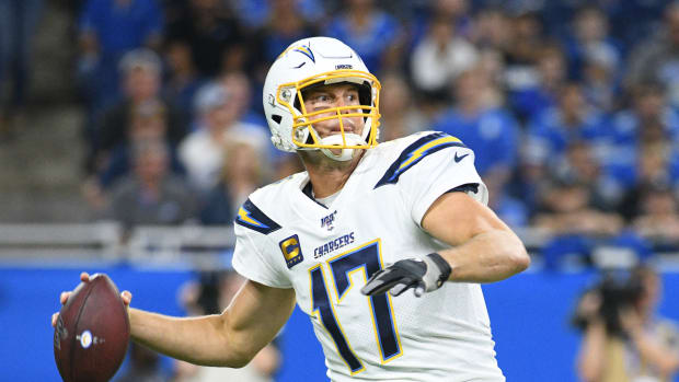 Sep 15, 2019; Detroit, MI, USA; Los Angeles Chargers quarterback Philip Rivers (17) throws a pass against the Detroit Lions in the first half at Ford Field. Mandatory Credit: Tim Fuller-USA TODAY Sports