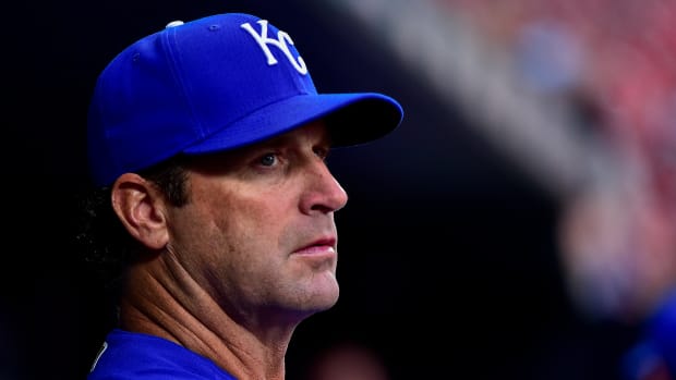 Apr 12, 2022; St. Louis, Missouri, USA; Kansas City Royals manager Mike Matheny (22) looks on from the dugout before a game against the St. Louis Cardinals at Busch Stadium. Mandatory Credit: Jeff Curry-USA TODAY Sports