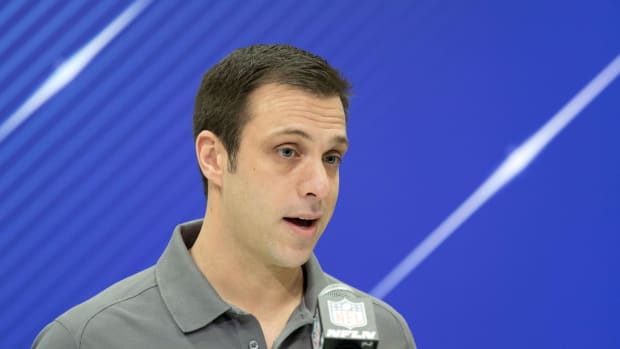 Mar 1, 2018; Indianapolis, IN, USA; Kansa City Chiefs general manager Brett Veach speaks to the media during the 2018 NFL Combine at the Indianapolis Convention Center. Mandatory Credit: Trevor Ruszkowski-USA TODAY Sports