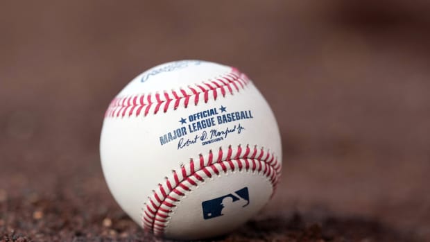 Apr 5, 2022; Los Angeles, California, USA; A detailed view of MLB official Rawlings baseball with signature of commissioner Rob Manfred at Dodger Stadium. Mandatory Credit: Kirby Lee-USA TODAY Sports