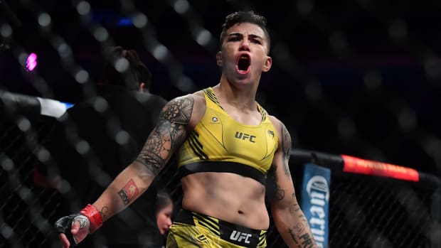 Sep 25, 2021; Las Vegas, Nevada, USA; Jessica Andrade reacts following her TKO victory against Cynthia Calvillo during UFC 266 at T-Mobile Arena.