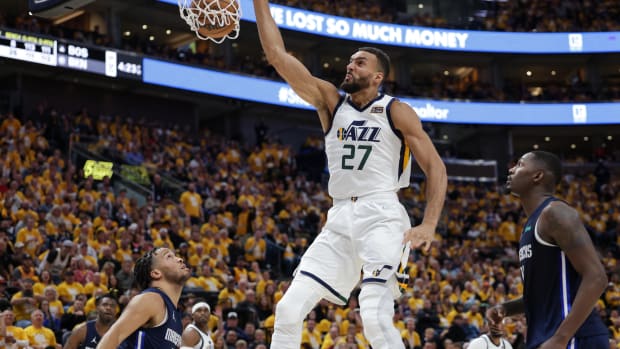 Utah Jazz center Rudy Gobert (27) dunks the ball against the Dallas Mavericks during the third quarter in game four of the first round for the 2022 NBA playoffs at Vivint Arena. Utah Jazz won 100-00.