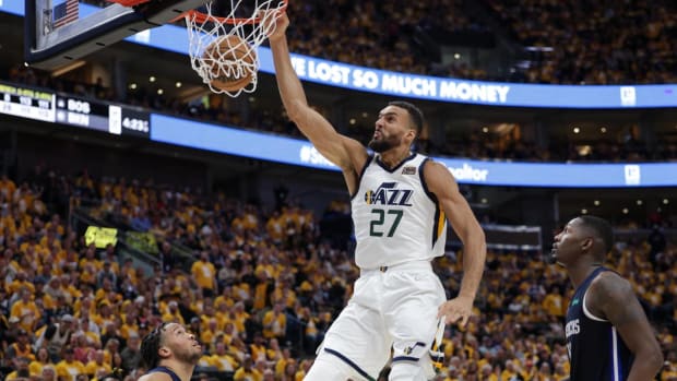 Apr 23, 2022; Salt Lake City, Utah, USA; Utah Jazz center Rudy Gobert (27) dunks the ball against the Dallas Mavericks during the third quarter in game four of the first round for the 2022 NBA playoffs at Vivint Arena. Utah Jazz won 100-00. Mandatory Credit: Chris Nicoll-USA TODAY Sports