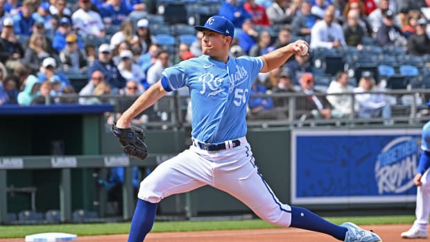 Apr 16, 2022; Kansas City, Missouri, USA; Kansas City Royals starting pitcher Kris Bubic (50) delivers a pitch during the first inning against the Detroit Tigers at Kauffman Stadium. Mandatory Credit: Peter Aiken-USA TODAY Sports