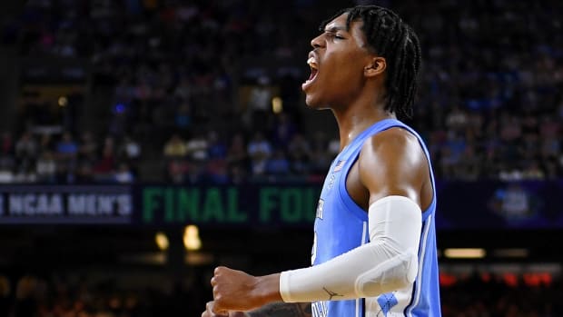 North Carolina’s Caleb Love (2) reacts after a play against the Duke Blue Devils during the second half during the 2022 NCAA men’s basketball tournament Final Four semifinals at Caesars Superdome.