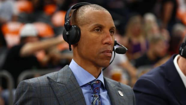 Apr 19, 2022; Phoenix, Arizona, USA; NBA on TNT television analyst Reggie Miller during the New Orleans Pelicans against the Phoenix Suns in game two of the first round for the 2022 NBA playoffs at Footprint Center. Mandatory Credit: Mark J. Rebilas-USA TODAY Sports