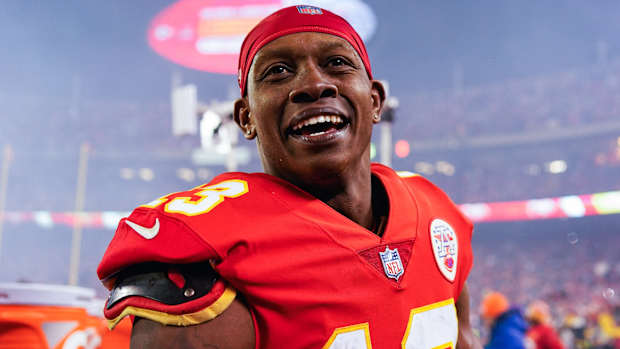 Former Chiefs wide receiver Byron Pringle (13) celebrates after defeating the Bills in an AFC Divisional playoff football game.