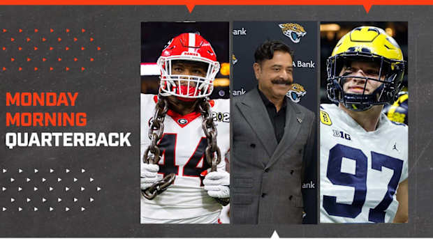 Georgia Bulldogs defensive lineman Travon Walker; Jacksonville Jaguars owner Shad Khan; Michigan Wolverines pass rusher Aidan Hutchinson