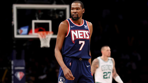Brooklyn Nets forward Kevin Durant (7) reacts during the fourth quarter of game four of the first round of the 2022 NBA playoffs against the Boston Celtics.