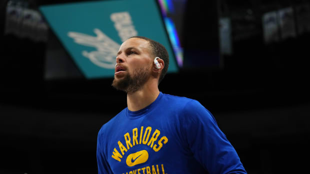 Apr 24, 2022; Denver, Colorado, USA; Golden State Warriors guard Stephen Curry (30) before the game against the Denver Nuggets prior to game four of the first round for the 2022 NBA playoffs at Ball Arena. Mandatory Credit: Ron Chenoy-USA TODAY Sport