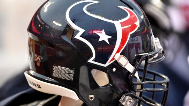 Jan 12, 2020; Kansas City, Missouri, USA; A general view of a Houston Texans helmet during the AFC Divisional Round playoff football game against the Kansas City Chiefs at Arrowhead Stadium.