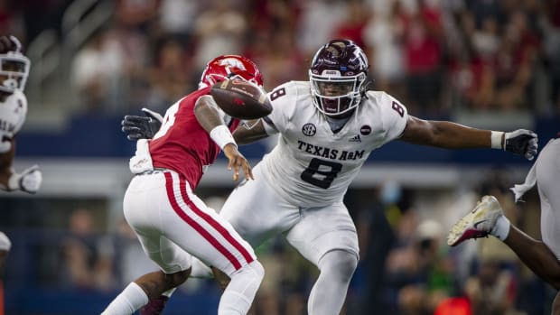 Sep 25, 2021; Arlington, Texas, USA; Texas A&M Aggies defensive lineman DeMarvin Leal (8) in action during the game between the Arkansas Razorbacks and the Texas A&M Aggies at AT&T Stadium. Mandatory Credit: Jerome Miron-USA TODAY Sports