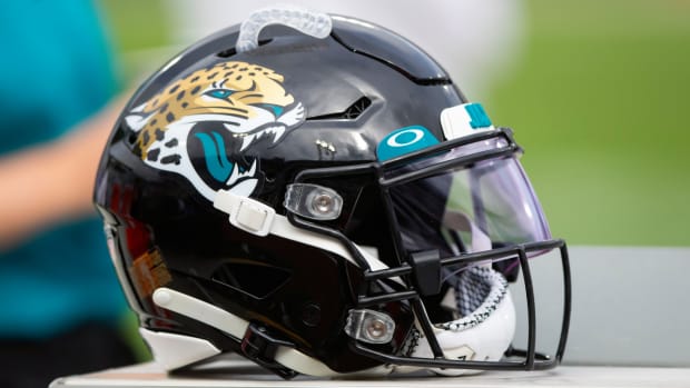 Detailed view of a Jacksonville Jaguars football helmet