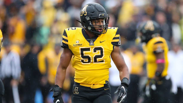 Oct 19, 2019; Boone, NC, USA; Appalachian State Mountaineers linebacker D'Marco Jackson (52) looks on from the field against the Louisiana Monroe Warhawks in the second quarter at Kidd Brewer Stadium.