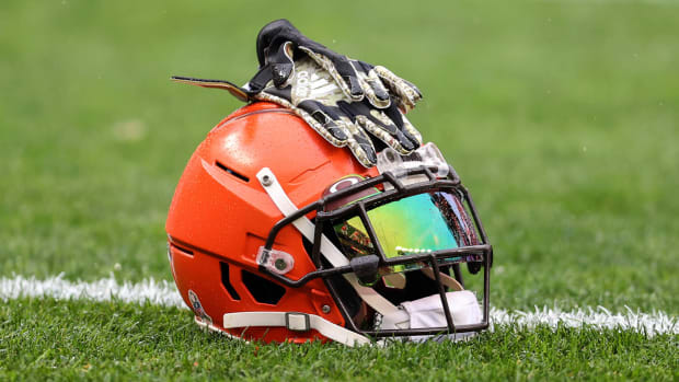 A Cleveland Browns helmet on the field prior to the National Football League game between the Detroit Lions and Cleveland Browns on November 21, 2021, at FirstEnergy Stadium in Cleveland, OH.