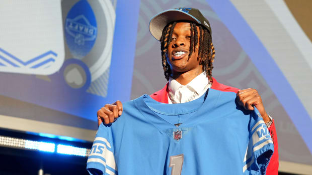 Alabama wide receiver Jameson Williams after being selected as the twelfth overall pick to the Detroit Lions during the first round of the 2022 NFL Draft at the NFL Draft Theater.