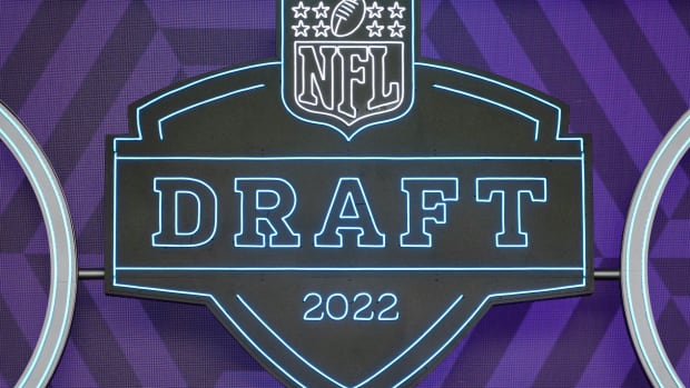 Apr 28, 2022; Las Vegas, NV, USA; A detail view of the NFL Draft 2022 logo before the first round of the 2022 NFL Draft at the NFL Draft Theater.