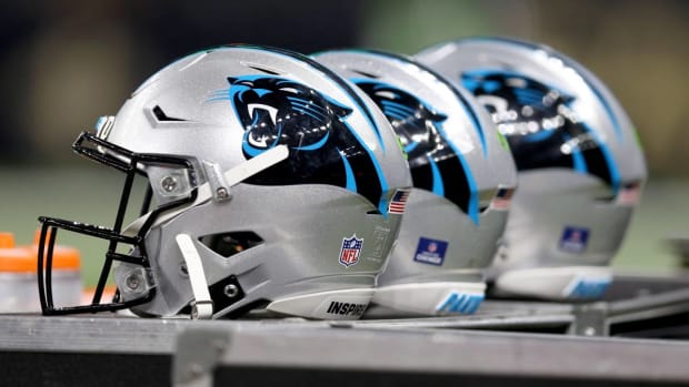 Jan 2, 2022; New Orleans, Louisiana, USA; Carolina Panthers helmets on the sidelines in the second quarter of their game against the Carolina Panthers at the Caesars Superdome. Mandatory Credit: Chuck Cook-USA TODAY Sports
