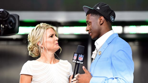 Apr 28, 2022; Las Vegas, NV, USA; Cincinnati cornerback Ahmad 'Sauce' Gardner is interviewed by NFL Network reporter Melissa Stark after being selected as the fourth overall pick to the New York Jets during the first round of the 2022 NFL Draft at the NFL Draft Theater. Mandatory Credit: Gary Vasquez-USA TODAY Sports